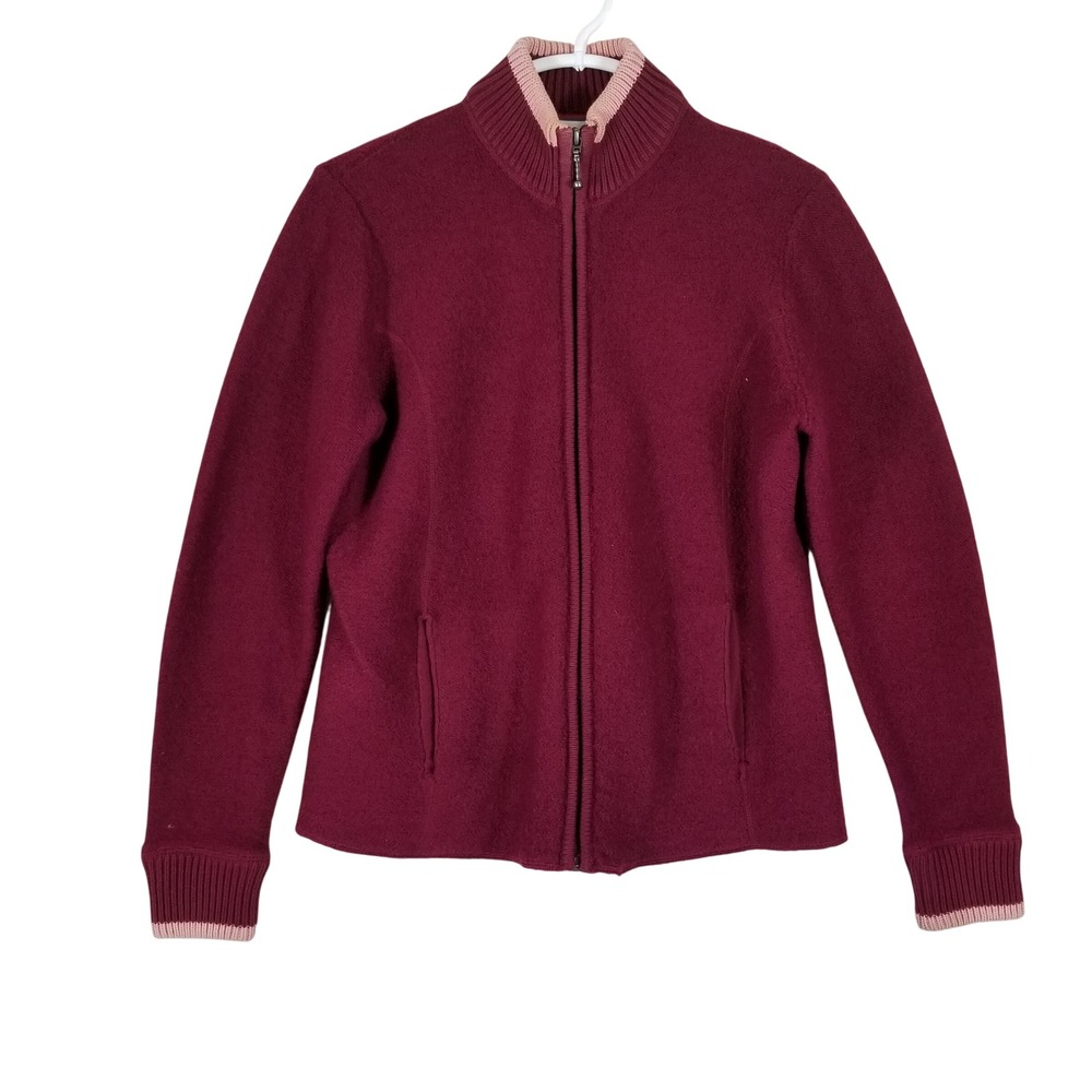 Cabela's‎ Full Zip Sweater Women Small Burgundy Wool Blend Ribbed Trim 913566